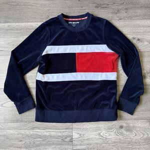 Tommy Hilfiger Sport Navy Velour Flag Graphic Sweatshirt - Size Small